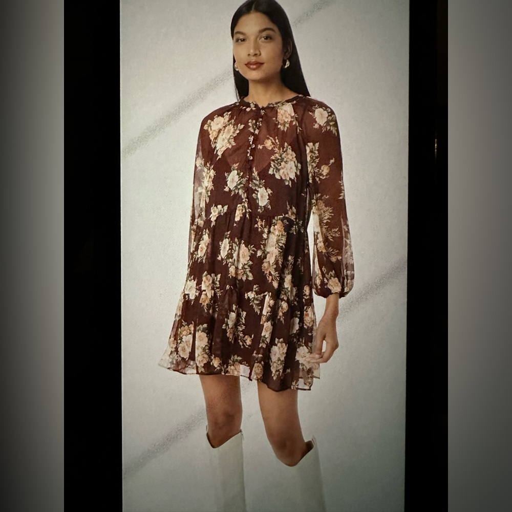 NWOT Abercrombie & Fitch Brown Floral Long-Sleeve Mini Dress